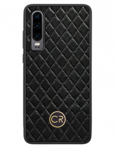 Etui premium skórzane, case na smartfon HUAWEI P30. Skóra pikowana czarna ze złotą blaszką.