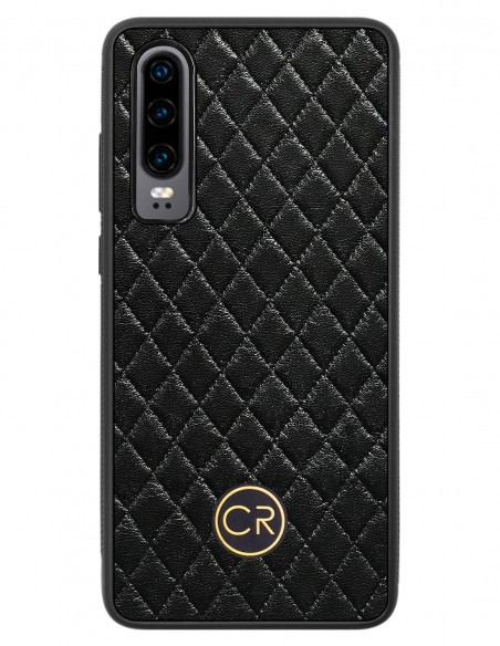 Etui premium skórzane, case na smartfon HUAWEI P30. Skóra pikowana czarna ze złotą blaszką.