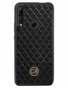 Etui premium skórzane, case na smartfon HUAWEI Y9 PRIME 2019. Skóra pikowana czarna ze złotą blaszką.