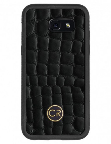 Etui premium skórzane, case na smartfon SAMSUNG GALAXY A5 2017. Skóra krokodyl czarna ze złotą blaszką.