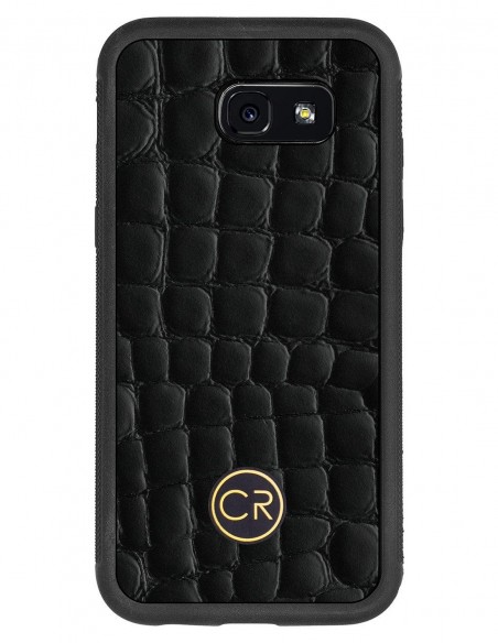 Etui premium skórzane, case na smartfon SAMSUNG GALAXY A5 2017. Skóra krokodyl czarna ze złotą blaszką.