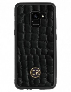 Etui premium skórzane, case na smartfon SAMSUNG GALAXY A5 2018. Skóra krokodyl czarna ze złotą blaszką.