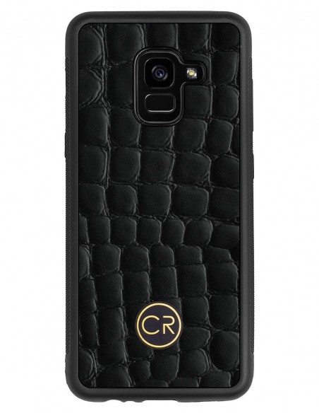 Etui premium skórzane, case na smartfon SAMSUNG GALAXY A5 2018. Skóra krokodyl czarna ze złotą blaszką.