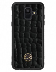Etui premium skórzane, case na smartfon SAMSUNG GALAXY A6. Skóra krokodyl czarna ze złotą blaszką.