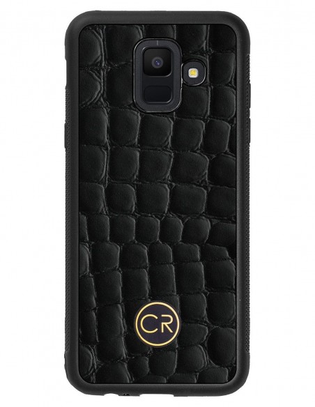 Etui premium skórzane, case na smartfon SAMSUNG GALAXY A6. Skóra krokodyl czarna ze złotą blaszką.