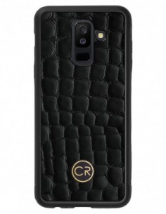 Etui premium skórzane, case na smartfon SAMSUNG GALAXY A6 PLUS. Skóra krokodyl czarna ze złotą blaszką.