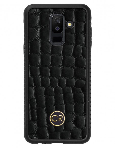 Etui premium skórzane, case na smartfon SAMSUNG GALAXY A6 PLUS. Skóra krokodyl czarna ze złotą blaszką.