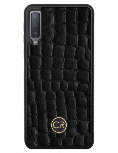 Etui premium skórzane, case na smartfon SAMSUNG GALAXY A7 2018. Skóra krokodyl czarna ze złotą blaszką.