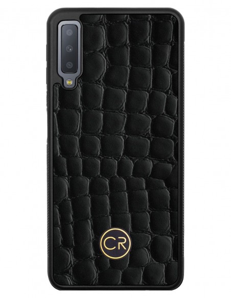 Etui premium skórzane, case na smartfon SAMSUNG GALAXY A7 2018. Skóra krokodyl czarna ze złotą blaszką.
