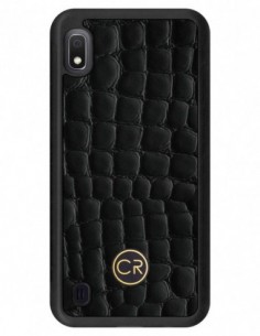 Etui premium skórzane, case na smartfon SAMSUNG GALAXY A10. Skóra krokodyl czarna ze złotą blaszką.