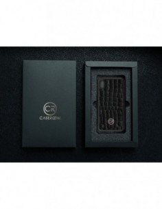 Etui premium skórzane, case na smartfon SAMSUNG GALAXY A10. Skóra krokodyl czarna ze złotą blaszką. 2