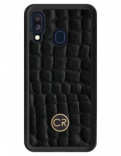 Etui premium skórzane, case na smartfon SAMSUNG GALAXY A40. Skóra krokodyl czarna ze złotą blaszką.