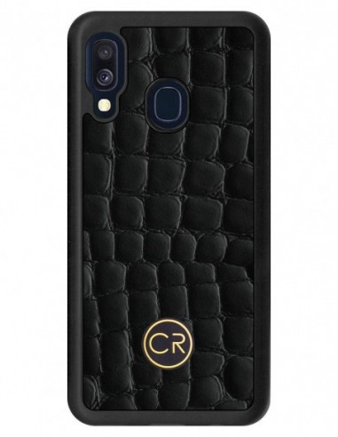 Etui premium skórzane, case na smartfon SAMSUNG GALAXY A40. Skóra krokodyl czarna ze złotą blaszką.