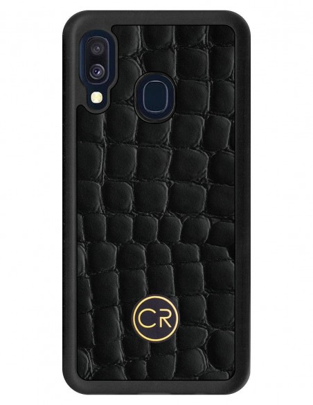 Etui premium skórzane, case na smartfon SAMSUNG GALAXY A40. Skóra krokodyl czarna ze złotą blaszką.