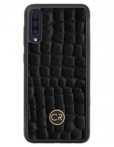 Etui premium skórzane, case na smartfon SAMSUNG GALAXY A50. Skóra krokodyl czarna ze złotą blaszką.