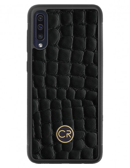 Etui premium skórzane, case na smartfon SAMSUNG GALAXY A50. Skóra krokodyl czarna ze złotą blaszką.
