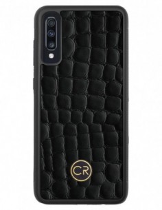 Etui premium skórzane, case na smartfon SAMSUNG GALAXY A70. Skóra krokodyl czarna ze złotą blaszką.