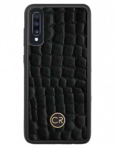 Etui premium skórzane, case na smartfon SAMSUNG GALAXY A70. Skóra krokodyl czarna ze złotą blaszką.