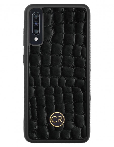 Etui premium skórzane, case na smartfon SAMSUNG GALAXY A70. Skóra krokodyl czarna ze złotą blaszką.