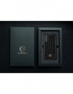 Etui premium skórzane, case na smartfon SAMSUNG GALAXY A70. Skóra krokodyl czarna ze złotą blaszką. 2