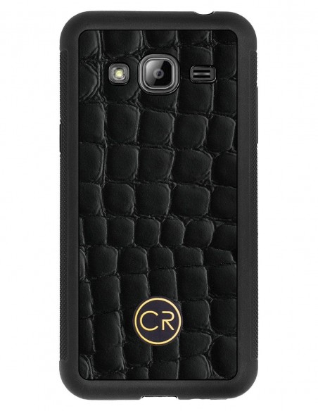 Etui premium skórzane, case na smartfon SAMSUNG GALAXY J3 2016. Skóra krokodyl czarna ze złotą blaszką. Etui premium skórzane, case na smartfon SAMSUNG GALAXY J3 2016. Skóra krokodyl czarna ze złotą blaszką.