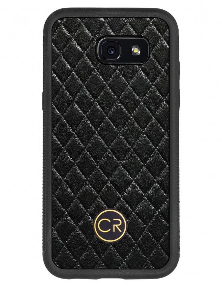 Etui premium skórzane, case na smartfon SAMSUNG GALAXY A5 2017. Skóra pikowana czarna ze złotą blaszką.