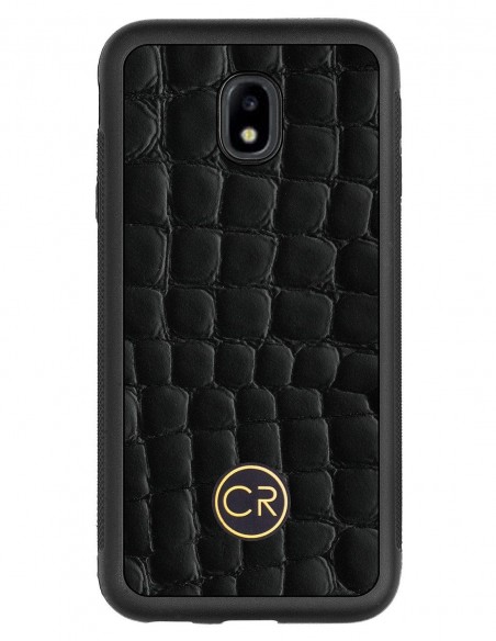 Etui premium skórzane, case na smartfon SAMSUNG GALAXY J3 2017. Skóra krokodyl czarna ze złotą blaszką.