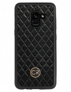 Etui premium skórzane, case na smartfon SAMSUNG GALAXY A5 2018. Skóra pikowana czarna ze złotą blaszką.