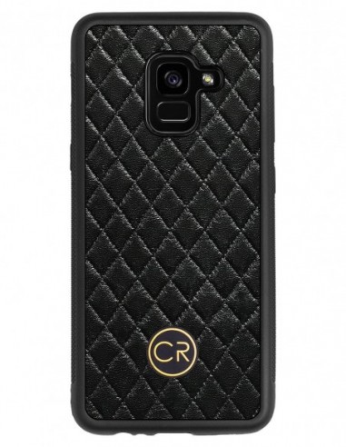 Etui premium skórzane, case na smartfon SAMSUNG GALAXY A5 2018. Skóra pikowana czarna ze złotą blaszką.