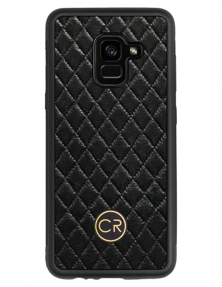 Etui premium skórzane, case na smartfon SAMSUNG GALAXY A5 2018. Skóra pikowana czarna ze złotą blaszką.