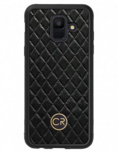 Etui premium skórzane, case na smartfon SAMSUNG GALAXY A6. Skóra pikowana czarna ze złotą blaszką.