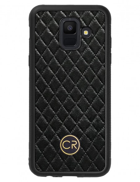 Etui premium skórzane, case na smartfon SAMSUNG GALAXY A6. Skóra pikowana czarna ze złotą blaszką.