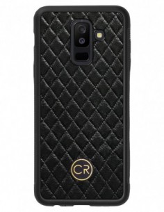 Etui premium skórzane, case na smartfon SAMSUNG GALAXY A6 PLUS. Skóra pikowana czarna ze złotą blaszką.