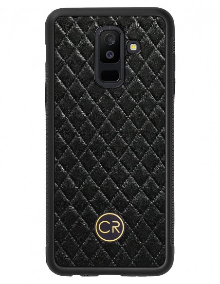 Etui premium skórzane, case na smartfon SAMSUNG GALAXY A6 PLUS. Skóra pikowana czarna ze złotą blaszką.