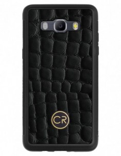 Etui premium skórzane, case na smartfon SAMSUNG GALAXY J5 2016. Skóra krokodyl czarna ze złotą blaszką.