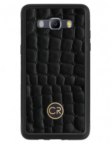 Etui premium skórzane, case na smartfon SAMSUNG GALAXY J5 2016. Skóra krokodyl czarna ze złotą blaszką.