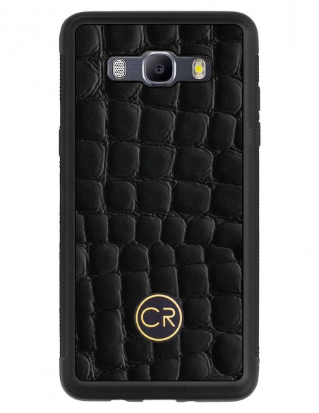 Etui premium skórzane, case na smartfon SAMSUNG GALAXY J5 2016. Skóra krokodyl czarna ze złotą blaszką.