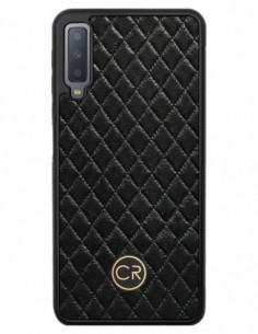 Etui premium skórzane, case na smartfon SAMSUNG GALAXY A7 2018. Skóra pikowana czarna ze złotą blaszką.