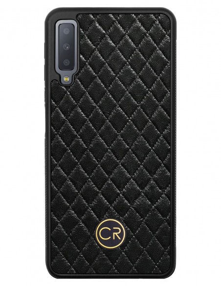 Etui premium skórzane, case na smartfon SAMSUNG GALAXY A7 2018. Skóra pikowana czarna ze złotą blaszką.