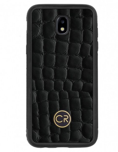 Etui premium skórzane, case na smartfon SAMSUNG GALAXY J5 2017. Skóra krokodyl czarna ze złotą blaszką.