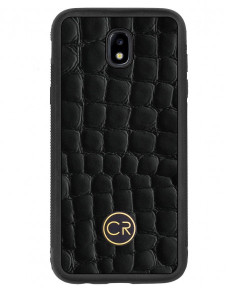 Etui premium skórzane, case na smartfon SAMSUNG GALAXY J5 2017. Skóra krokodyl czarna ze złotą blaszką.