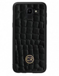 Etui premium skórzane, case na smartfon SAMSUNG GALAXY J6 2018. Skóra krokodyl czarna ze złotą blaszką.