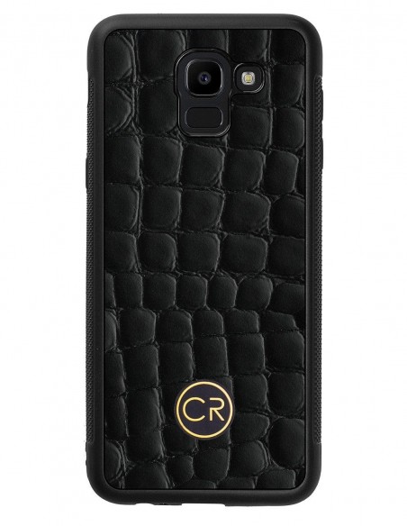 Etui premium skórzane, case na smartfon SAMSUNG GALAXY J6 2018. Skóra krokodyl czarna ze złotą blaszką.