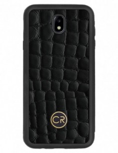 Etui premium skórzane, case na smartfon SAMSUNG GALAXY J7 2017. Skóra krokodyl czarna ze złotą blaszką.