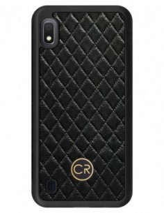 Etui premium skórzane, case na smartfon SAMSUNG GALAXY A10. Skóra pikowana czarna ze złotą blaszką.
