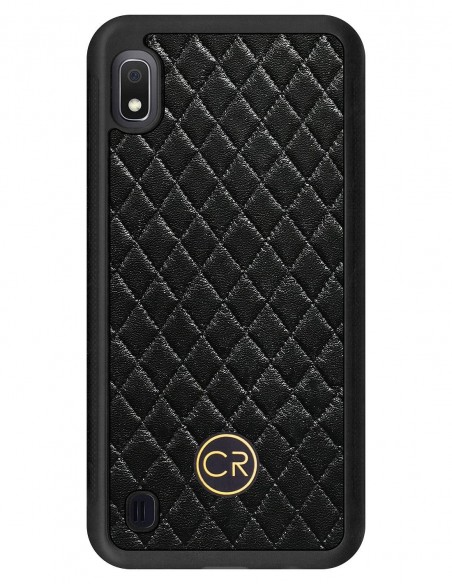 Etui premium skórzane, case na smartfon SAMSUNG GALAXY A10. Skóra pikowana czarna ze złotą blaszką.