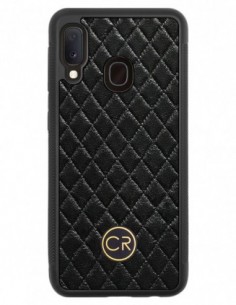 Etui premium skórzane, case na smartfon SAMSUNG GALAXY A20E. Skóra pikowana czarna ze złotą blaszką.