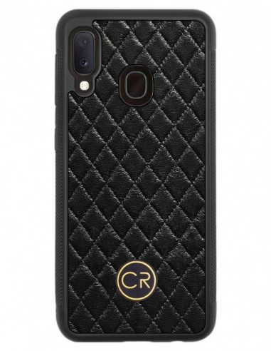 Etui premium skórzane, case na smartfon SAMSUNG GALAXY A20E. Skóra pikowana czarna ze złotą blaszką.