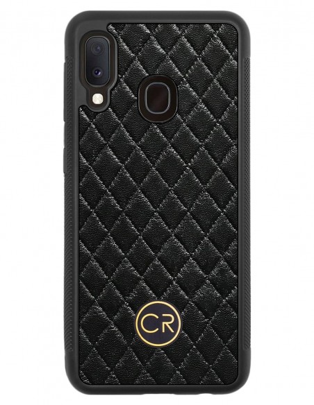 Etui premium skórzane, case na smartfon SAMSUNG GALAXY A20E. Skóra pikowana czarna ze złotą blaszką.