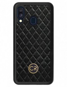 Etui premium skórzane, case na smartfon SAMSUNG GALAXY A40. Skóra pikowana czarna ze złotą blaszką.